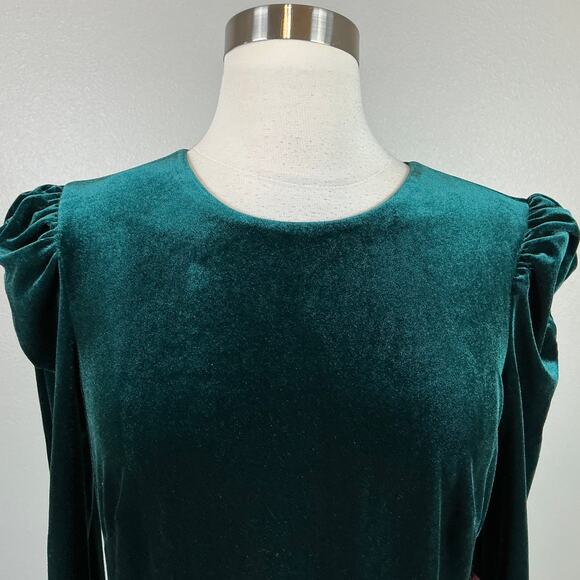 Vince Camuto Long Sleeve Velvet Sheath Cocktail Dress Green Size 14 Ruched Midi - Picture 7 of 14